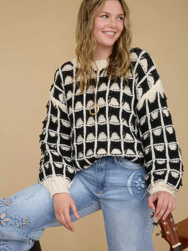Contrast Square Knit Crewneck Sweater
