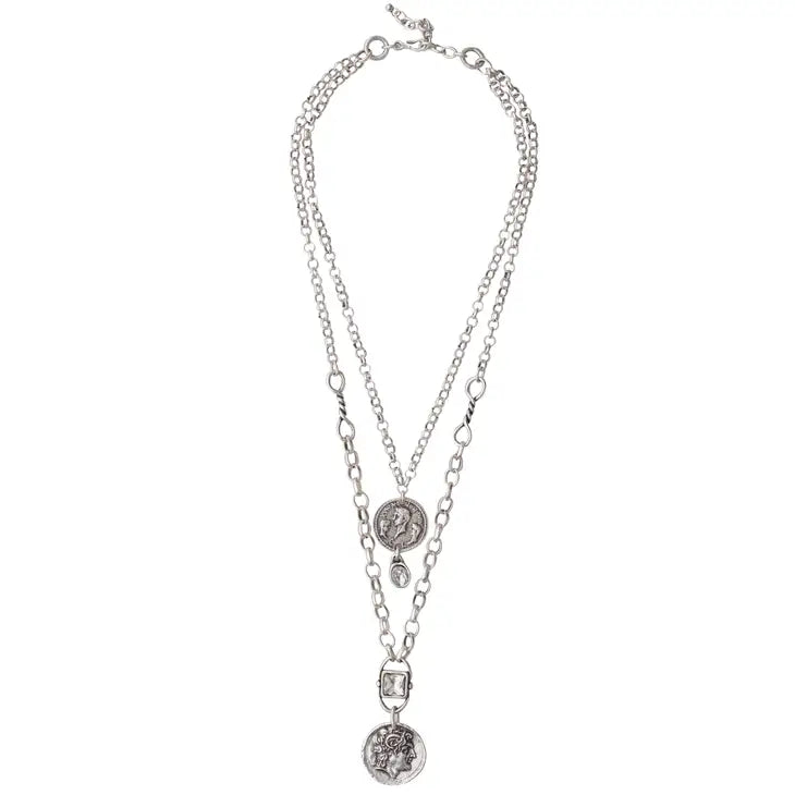 Coin Crystal Pewter Necklace - 3891