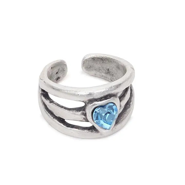 Handmade Blue Heart Crystal Brass Ring - 6923