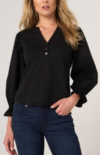 Load image into Gallery viewer, 3/4 Sleeve knit-to-woven top w/ smocking
