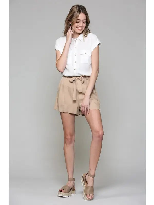 Pull On High Rise Shorts - Taupe