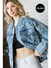 Load image into Gallery viewer, Pearl Rhinestone Embellished Demin Jacket - PLUS SIZE
