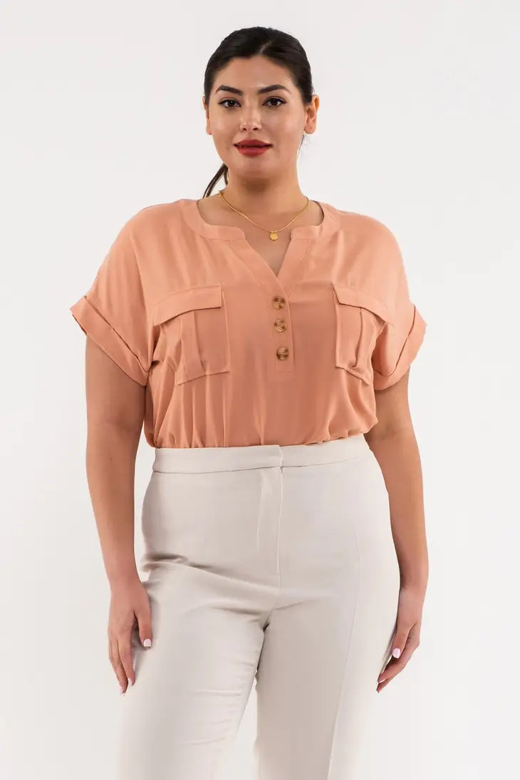 PLUS SIZE - Cuffed Short Sleeve Top -Peach