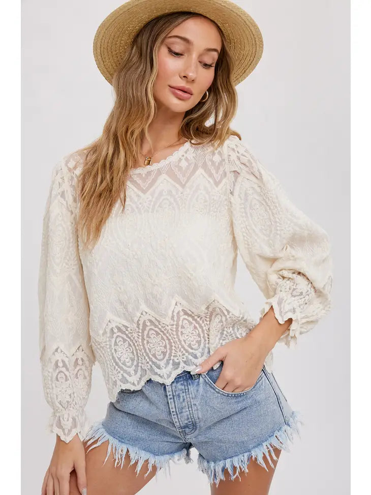 Scallop Hem Embroidery Lace Blouse - Natural