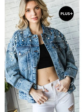 Load image into Gallery viewer, Pearl Rhinestone Embellished Demin Jacket - PLUS SIZE
