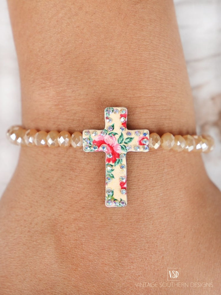 Beige Floral Cross Bracelet Jewelry