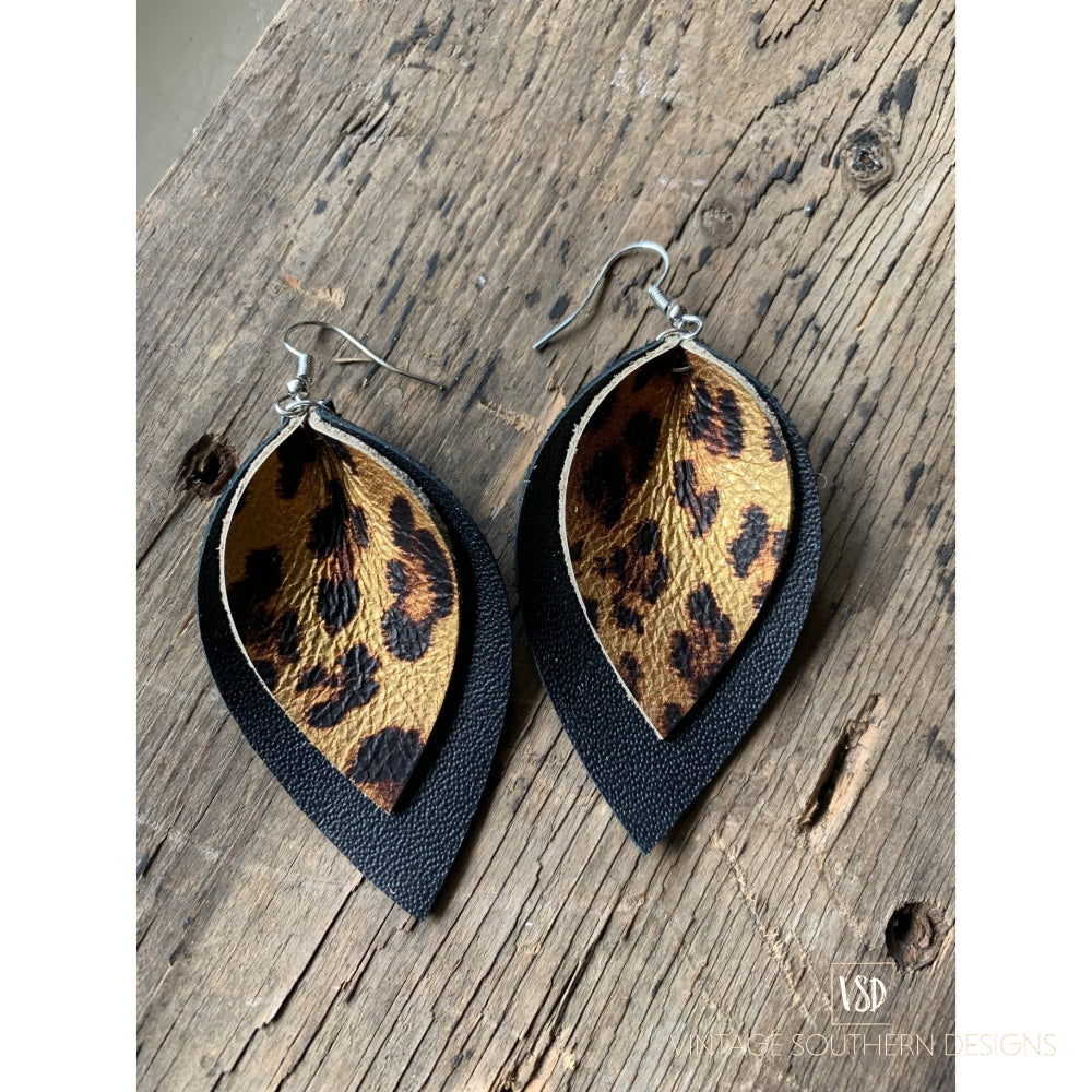 Black & Gold Leopard Leather Earrings