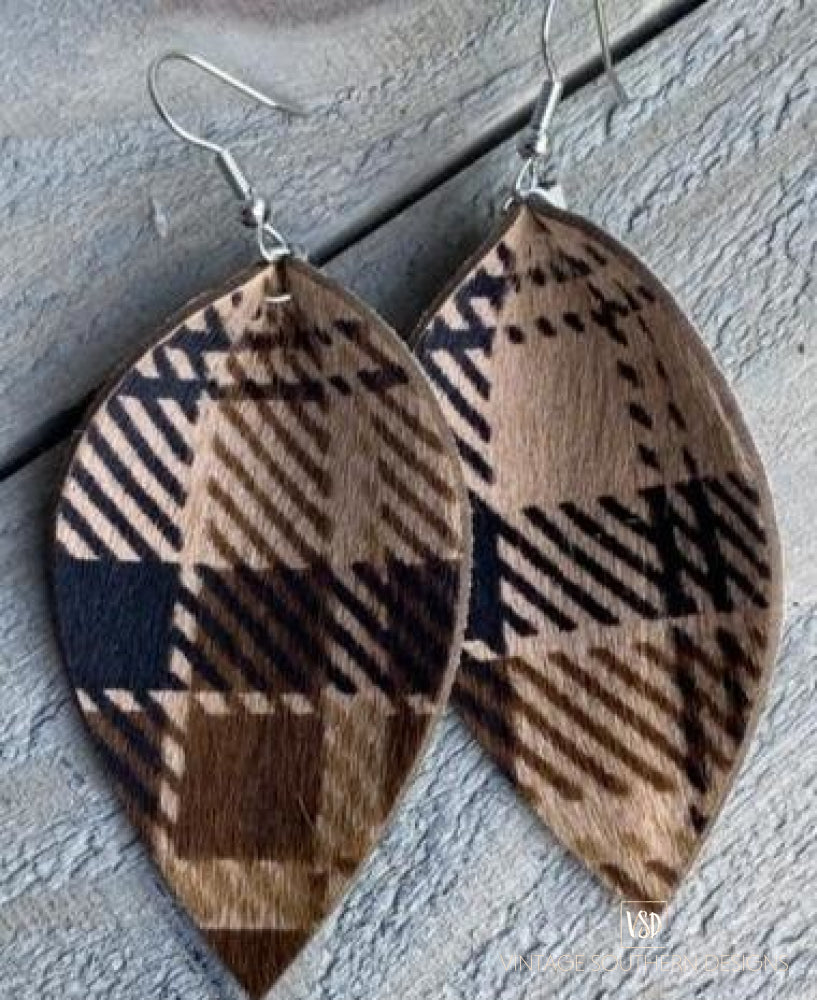 Brown Plaid Leather Earrings