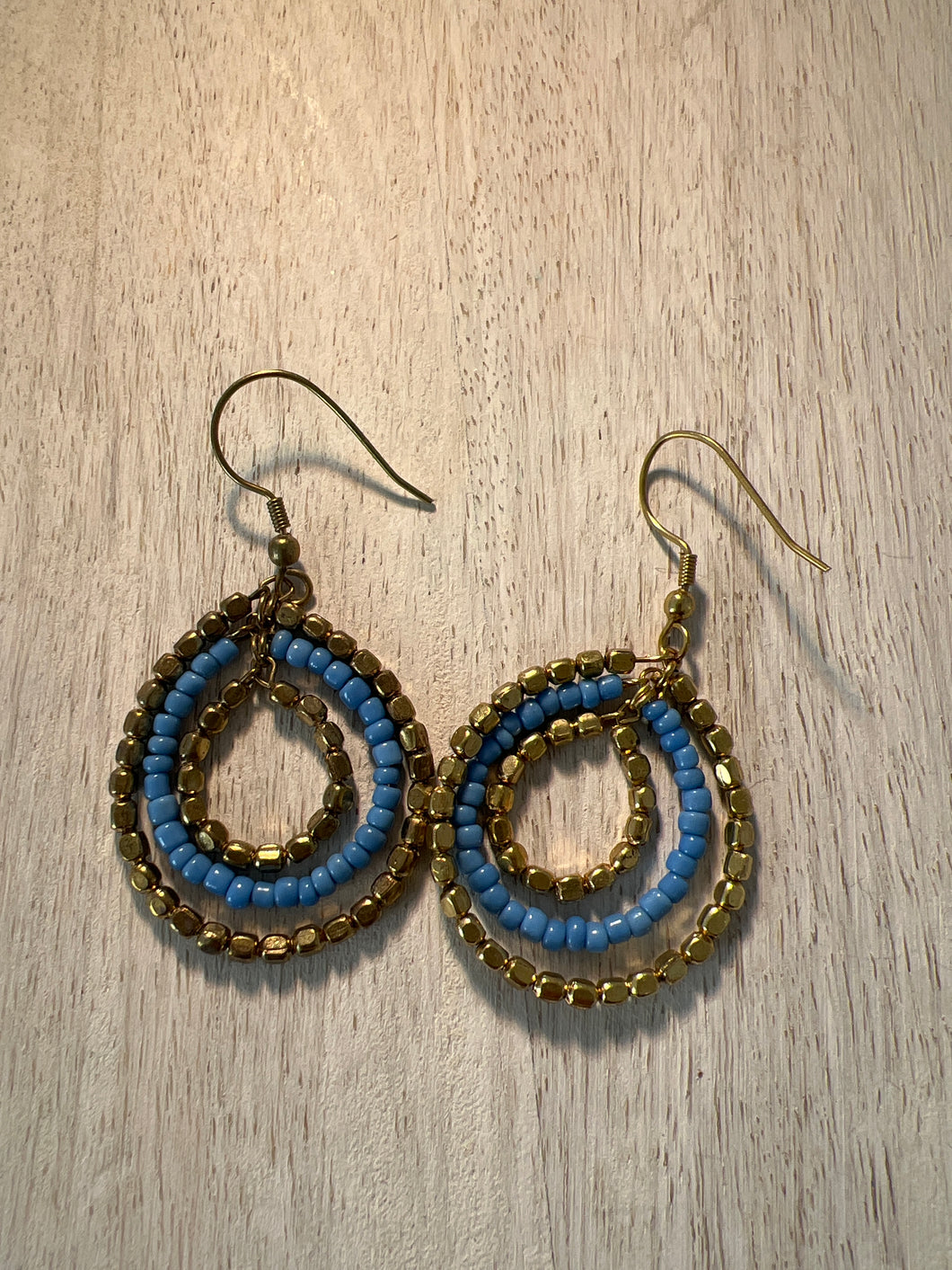 Gold & Blue Beaded hoop Earrings