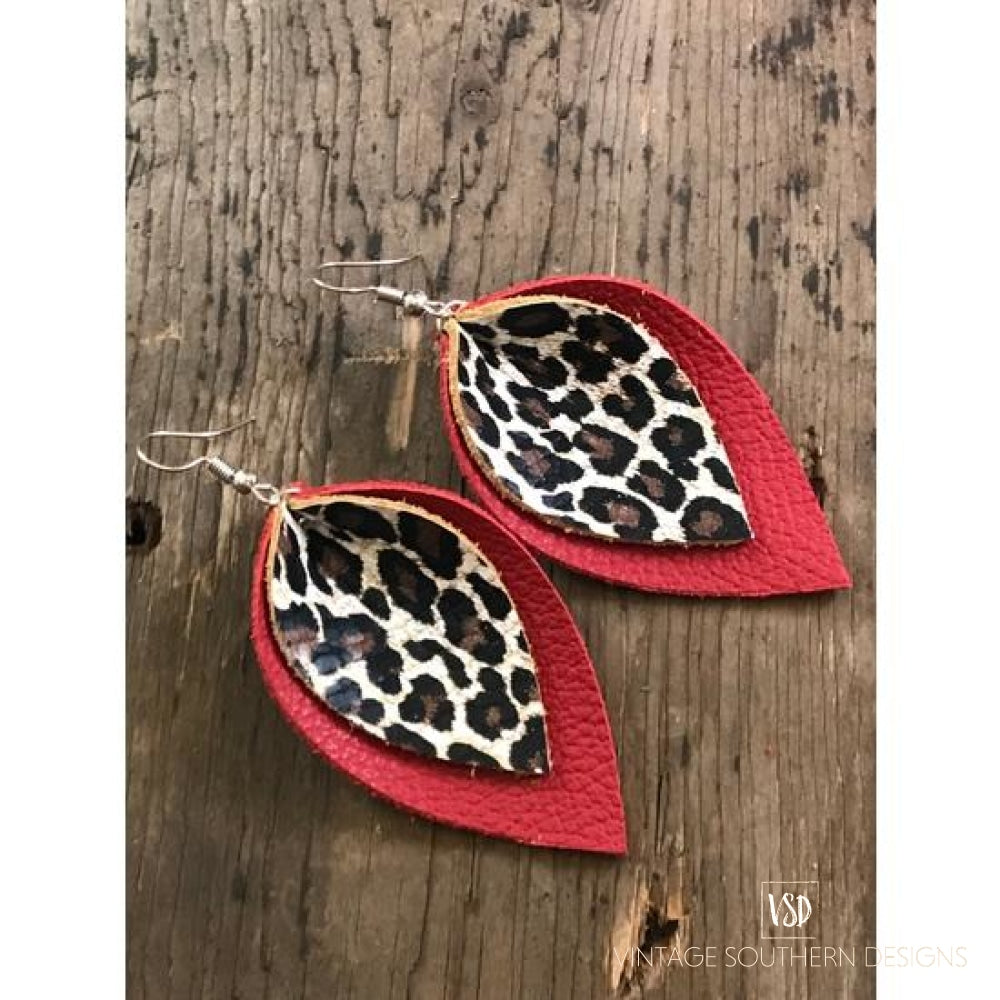 Red & Leopard Leather Earrings